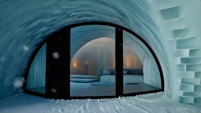 Modern igloo hotel room featuring icy architecture under winter skies, perfect for Arctic adventures and Christmas holiday getaways