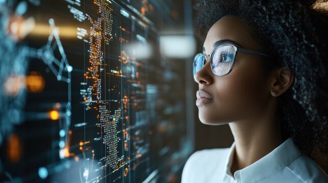 Woman develops artificial neural network architecture, AI machine learning algorithms in high-tech startup.