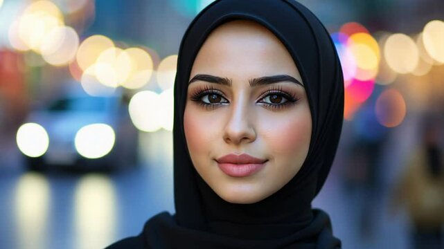 A young Muslim woman wearing a black hijab smiles softly in an urban setting with bokeh lights, symbolizing diversity and holidays like Eid and Ramadan
