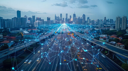 Smart city network concept with communication lines over busy cityscape at dusk showcasing IoT and ICT innovations in urban environments