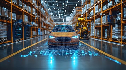 A holographic AR display showing the flow of goods in a futuristic warehouse, with smart robots in action.