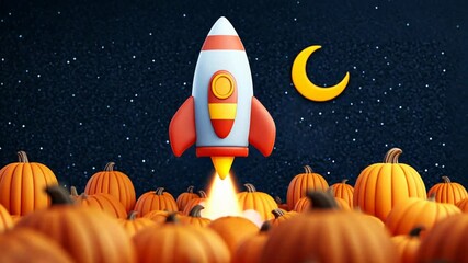 A colorful rocket launching amidst a field of pumpkins under a crescent moon, perfect for Halloween and autumn festival themes - Powered by Adobe