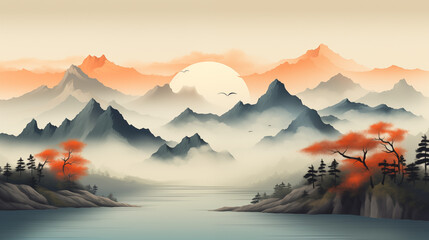 Sunrise in mountains (Chinese painting)