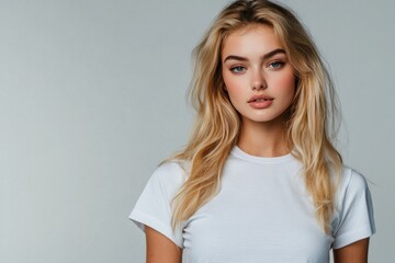 Fototapeta premium Blonde fashion model with white t-shirt stylish background
