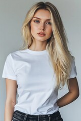 Obraz premium Blonde fashion model with white t-shirt stylish background