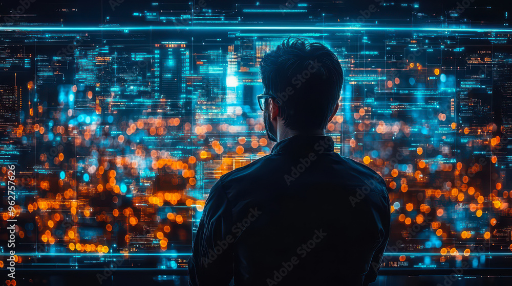 Poster cybersecurity expert analyzing complex digital network at night, high-tech government defense system
