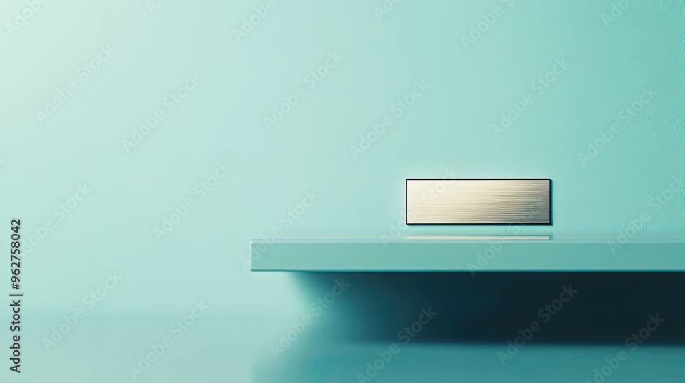 Poster a minimalist shelf with a simple metallic object against a soft blue background.