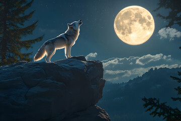 Wild Spirit of the Forest: Lone Wolf Howling under Full Moon on Rocky Cliff