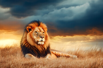 Majestic Lion Resting in African Savannah Under Dramatic Stormy Sky, Symbolizing Strength and Wild Beauty