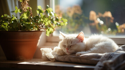 White cat sleeping by the window