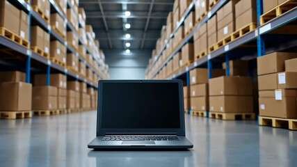 A laptop with a black screen sits on the floor of a large warehouse filled with boxes, representing e-commerce operations and logistics management during Cyber Monday - Powered by Adobe