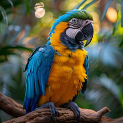 Fototapeta premium Blue and Yellow Macaw Perched on a Branch Realistic Image
