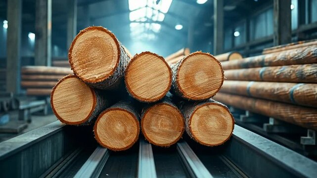 Stack of freshly cut logs in a sawmill, showcasing lumber industry and woodworking concepts perfect for Earth Day and Arbor Day themes