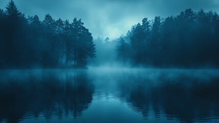 Fototapeta premium Silhouetted trees reflected in a misty lake at dusk.
