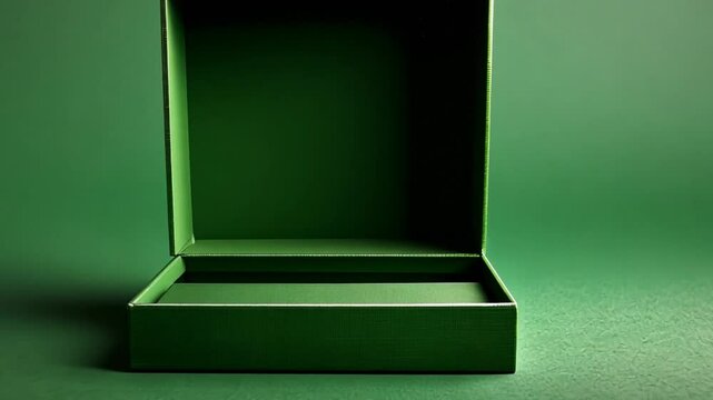 An open, empty green gift box on a matching green background, perfect for Christmas, St Patrick's Day, or eco-friendly gift presentations