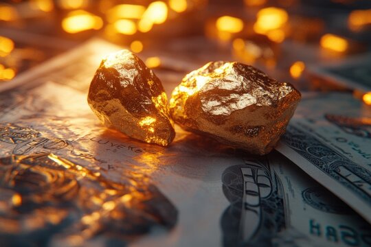 Close up of a gold ingot and nugget on top of a troy ounce silver and dollar banknotes