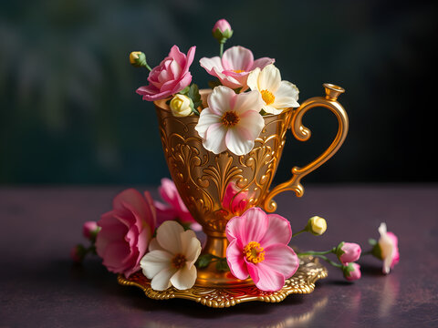 Un lindo caliz dorado,rodeado de encantadores flores de colores