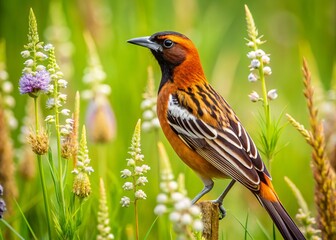 Fototapeta premium A rust-colored bird, distinguished by its long, pointed bill and striking black and white stripes, is slowly foraging