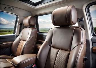 A satin-finish leather headrest features soft-touch padding and adjustable bolsters, designed for comfort atop a