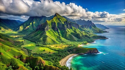 Fototapeta premium A serene landscape image showcases the island of Kauai, boasting lush green mountains, tranquil blue waters, and