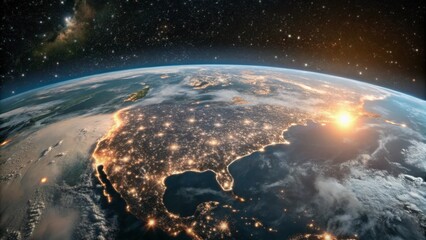 Fototapeta premium Earth from Space: A Panoramic View of Glowing City Lights and the Starry Horizon at Dusk