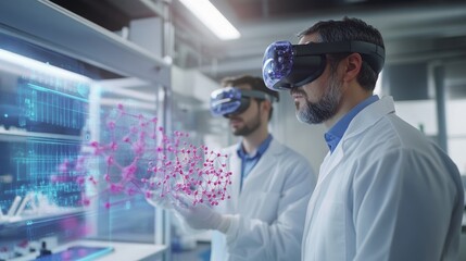 Futuristic Biotech Lab: Researchers Using Virtual Reality for Molecular Manipulation