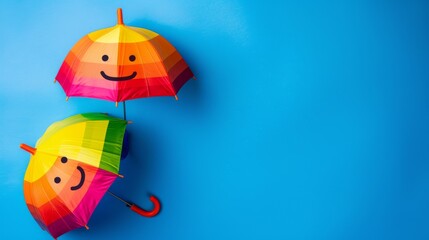 Overhead view of two colorful umbrellas with smiley faces set against a bright blue background. The vibrant and playful design makes these umbrellas a fun accessory for promoting positivity and joy.