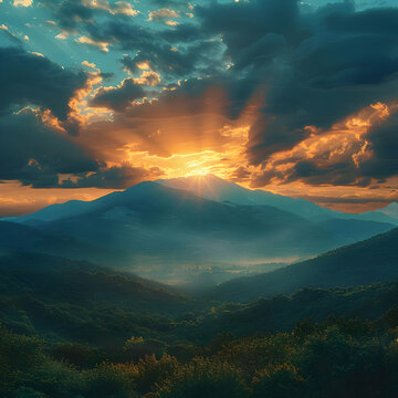 Mountain Sunset Illustration - A Beautiful Scene of Golden Hues and Dramatic Clouds