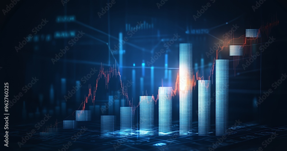 Poster 3d bars graph with red line in a blue background showing growth and trend for a business or finance 
