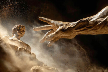 the creation of Adam, depicting a hand-like shape formed from swirling mist reaching out to a clay figure on the ground, dramatic lighting emphasizing the moment of life being given