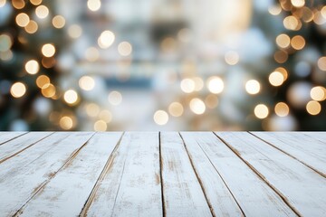 white The empty wooden table top with blur background of Christmas with generative ai