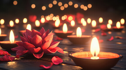 Traditional oil lamp with flowers. diwali festival concept