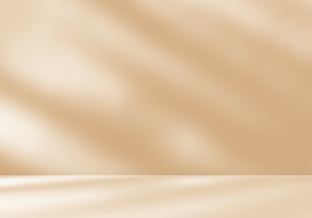 Empty orange brown cream beige room studio with shadow of leaves for product presentation. Autumn background. Summer tropical backdrop. Cosmetic showroom.