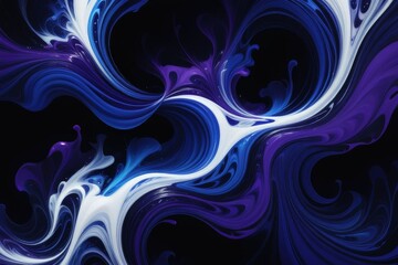 Abstract swirling pattern of blue, purple and white paint on black background.