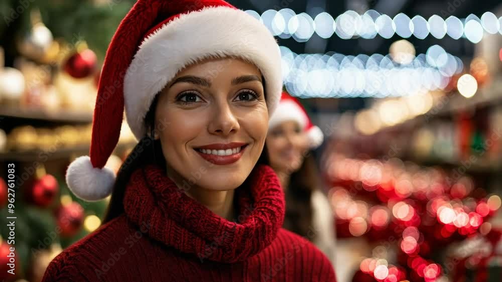 Poster A young woman with a festive Santa hat and red sweater, illuminated by Christmas lights, enjoys holiday shopping concepts include Christmas, holiday spirit, and winter festivities