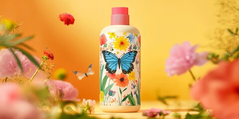 Floral bottle with butterfly, surrounded by pink flowers.