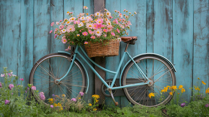 A detailed photo of a vintage bicycle with a basket full of pastel-colored wildflowers, leaning against a rustic wooden fence