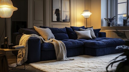 Cozy Navy Blue Velvet Living Room: Perfect Wall Art Poster for Modern Interiors Featuring Plush Sectional, Warm Textures, and Soft Lighting for a Stylish Touch
