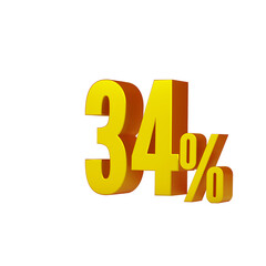 3d illustration of golden number 34 percent or 34% isolated on white background. 3d render.