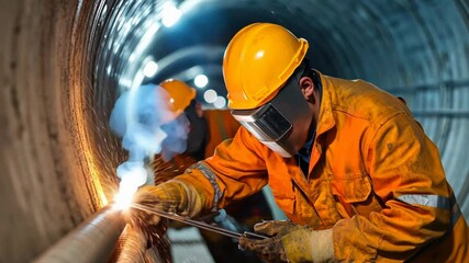 A construction worker wearing protective gear welds metal pipes inside a tunnel, symbolizing hard work and labor, ideal for Labor Day or International Workers' Day themes - Powered by Adobe