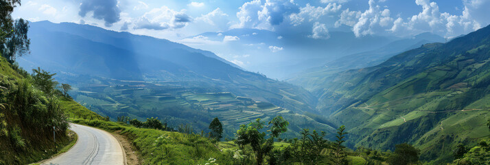Fototapeta premium Mountain road landscape with winding path, green trees, cloudy mountains. Perfect travel agency and tour image. Scenic view from bicycle point of view. Realistic photo.
