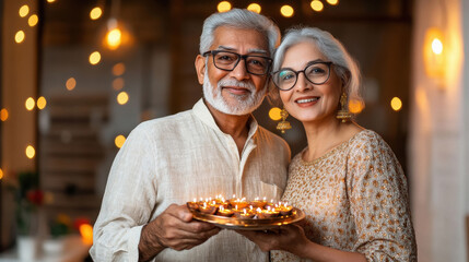 senior indian couple holding traditional burning oil lamps plate