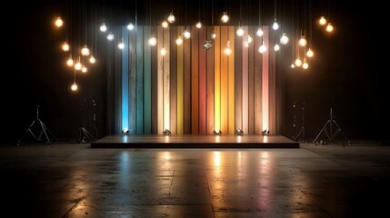 Rainbowcolored lights in vertical stripes, pulsating with intensity, vibrant and modern stage setup