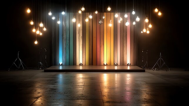 Rainbowcolored lights in vertical stripes, pulsating with intensity, vibrant and modern stage setup