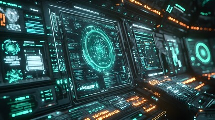 Futuristic Interface with Green and Orange Lights 3D Illustration