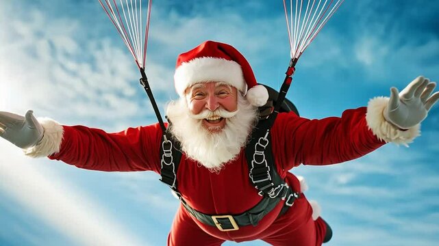 Santa Claus skydiving in a bright blue sky, exuding Christmas cheer and adventure spirit, perfect for holiday and festive season themes