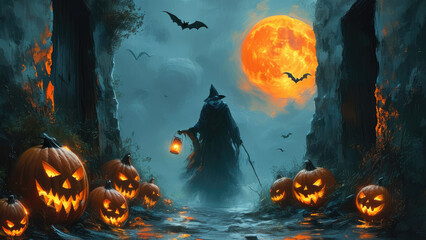 Halloween Background Illustration: Witches and Pumpkins Welcoming the Spooky Night