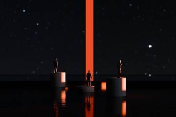 silhouette of a man standing in front of the entrance to the orange and black hallway. 3d illustration.