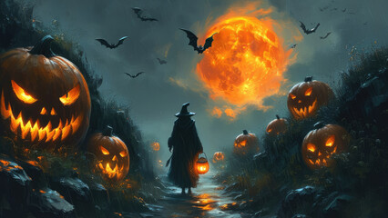Halloween Background Illustration: Witches and Pumpkins Welcoming the Spooky Night