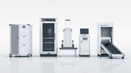 Baggage X-ray Machines: Machines for screening luggage for security purposes isolated on white background
